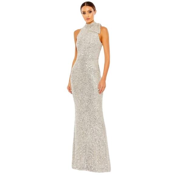 MAC DUGGAL Dress Size 14 Evening Gown Sequin NEW Cream Silver Soft Tie Halter - Picture 1 of 9